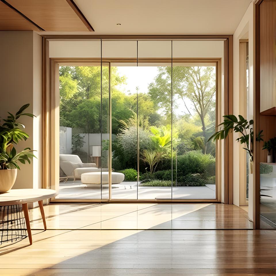 Interior residencial con abertura de vidrio laminado y terminaciones cálidas