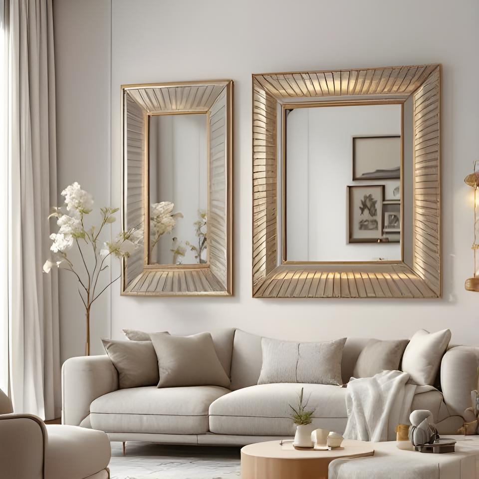 Espejos decorativos montados en pared de estar con acabados modernos y tonos neutros