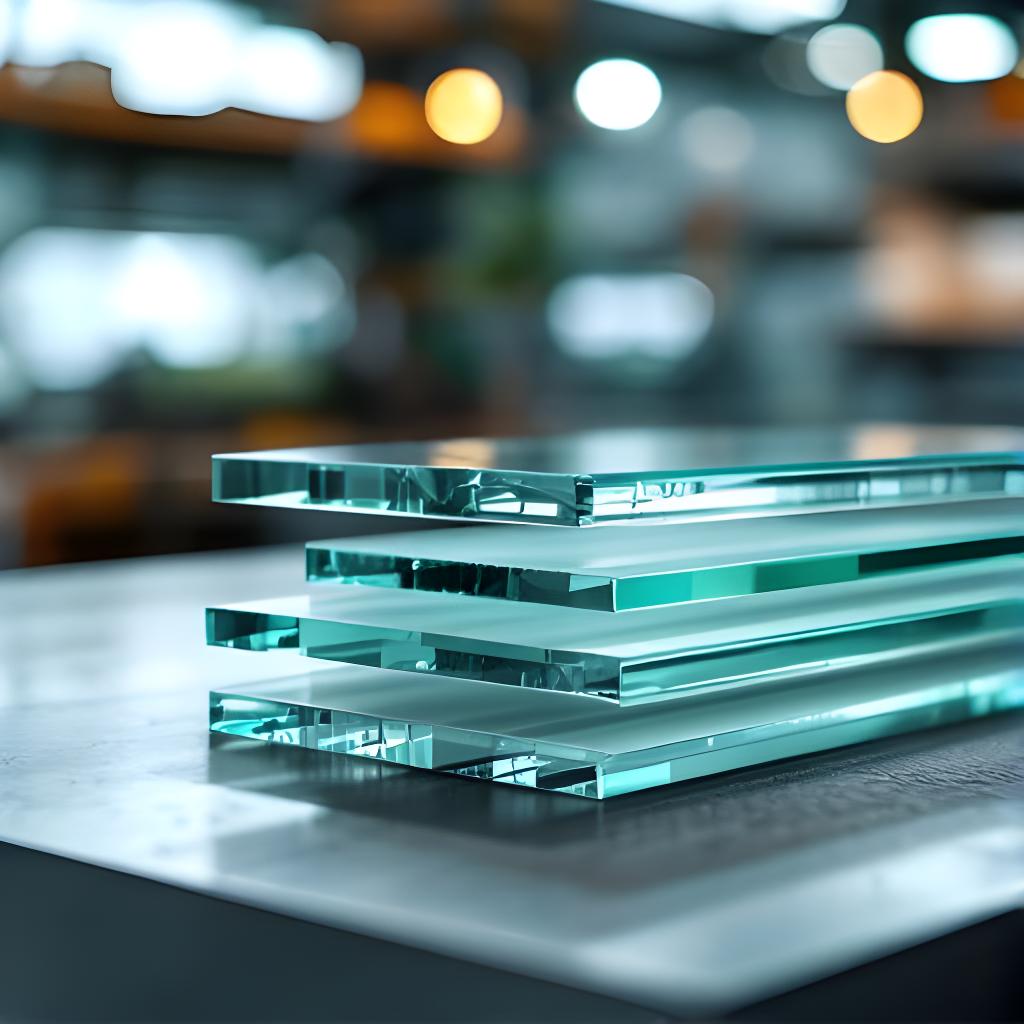 Paneles de vidrio laminado con capas visibles apoyados en una mesa de trabajo industrial