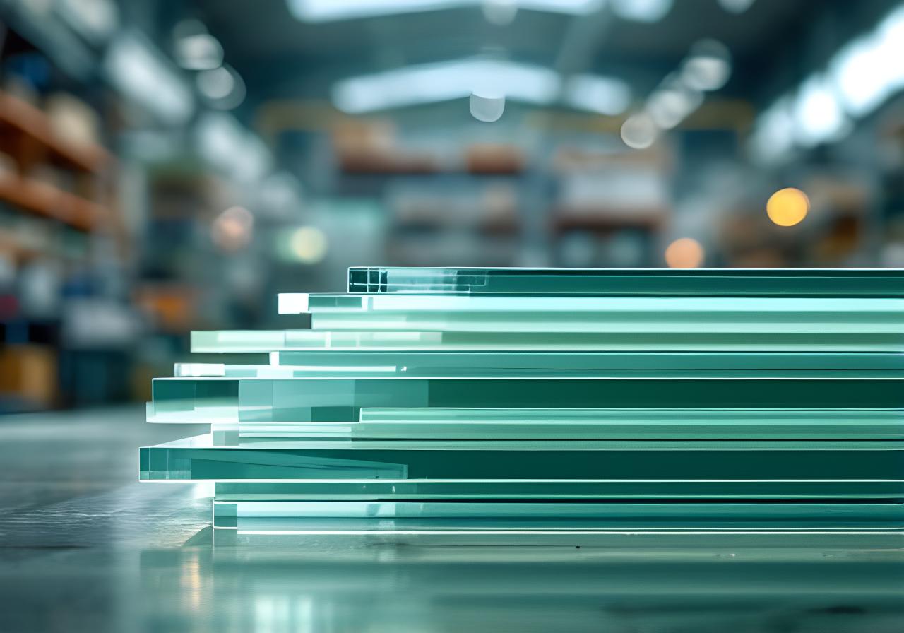 Láminas de vidrio apiladas en un taller moderno con reflejos suaves y detalle técnico en primer plano