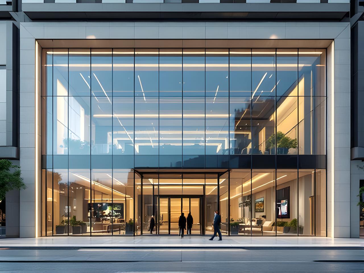 Fachada comercial con grandes ventanales de vidrio doble y estructura contemporánea