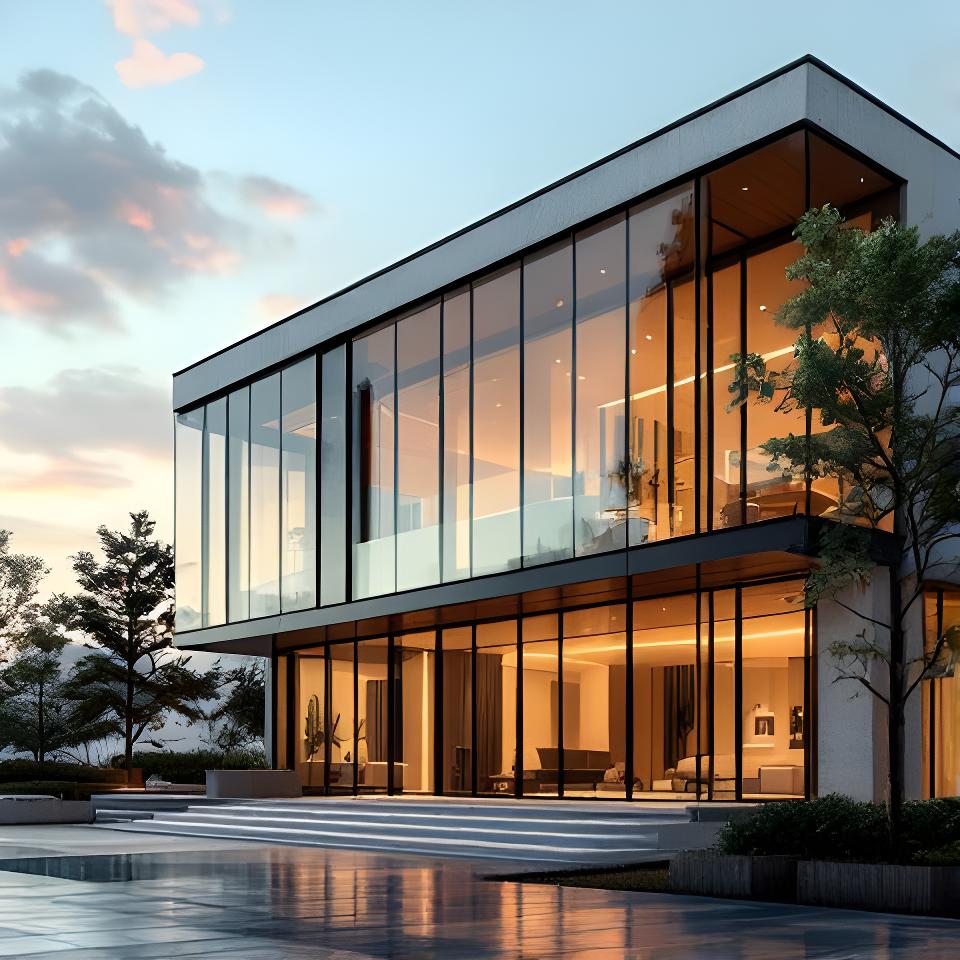 Fachada residencial con grandes paños de vidrio laminado y reflejos suaves al atardecer