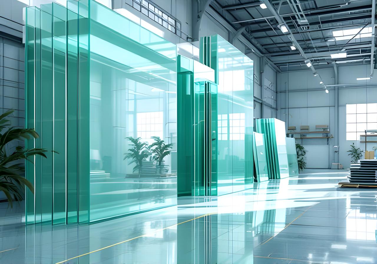 Placas de vidrio laminado, doble y espejos apiladas en un taller luminoso de General Alvear
