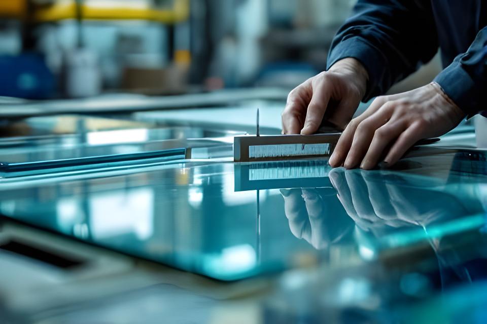 Detalle de control de calidad sobre paneles de vidrio con herramientas de medición en una mesa de trabajo