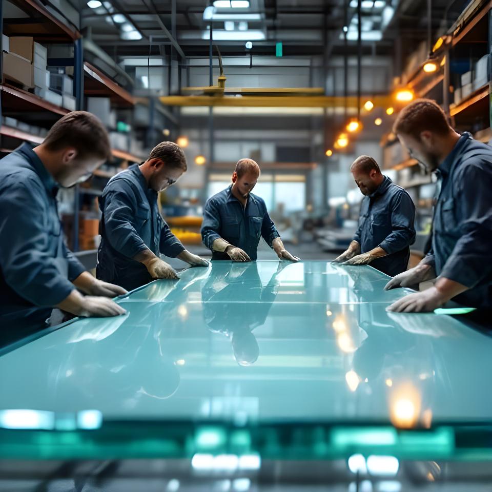 Equipo técnico revisando planchas de vidrio en un taller industrial con iluminación cálida