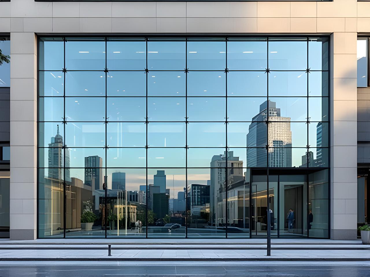 Fachada moderna con paños de vidrio laminado reflejando el cielo en un edificio contemporáneo
