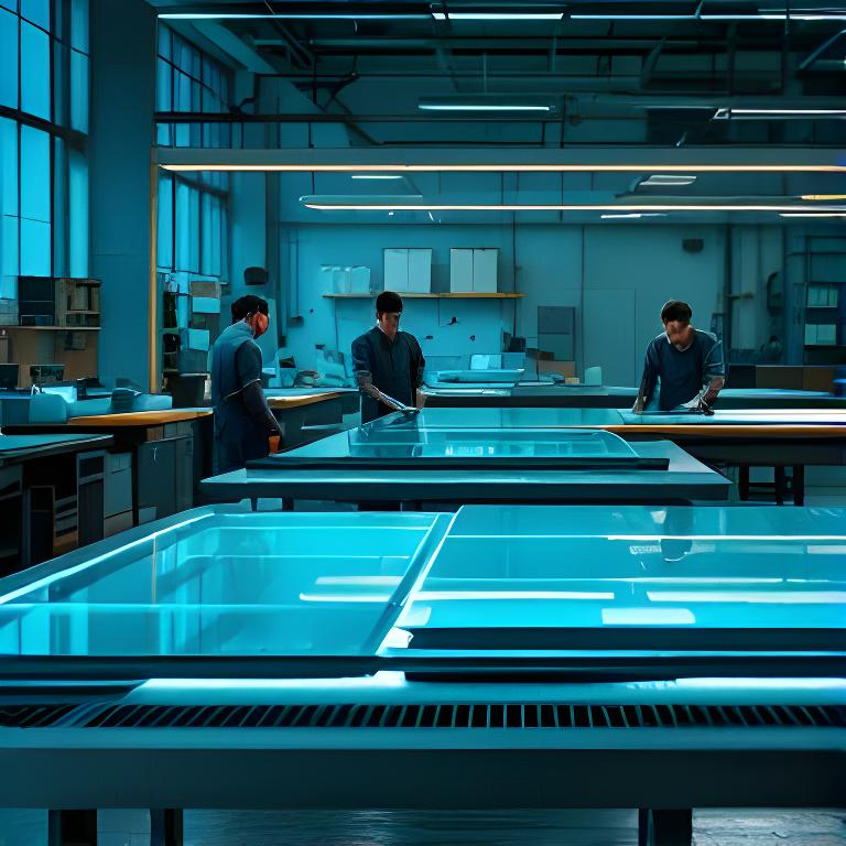Operarios verificando planchas de vidrio laminado en un taller moderno con luz tenue y reflejos sobre las mesas de trabajo